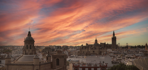Panorama view of  the Seville Cathedral (Catedral de Santa Maria de la Sede de Sevilla) view from the observation platformcity skyline with sunset view  Seville Cathedral ,Spain