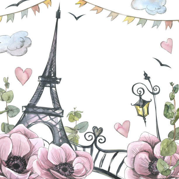 ilustrações de stock, clip art, desenhos animados e ícones de a frame with the eiffel tower, lanterns, a garland of flags and a bridge, anemone flowers and eucalyptus twigs. watercolor illustration in sketch style with graphic elements from a large set of paris - eiffel tower travel famous place skyline