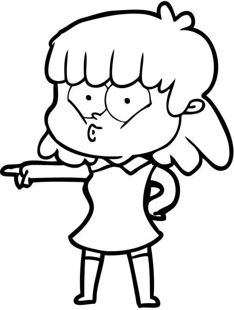 Vector illustration of cartoon whistling girl pointing