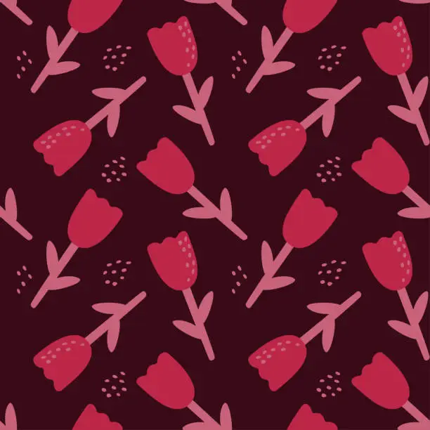 Vector illustration of Seamless pattern with abstract flowers, shapes and dots on a dark background in a love theme.