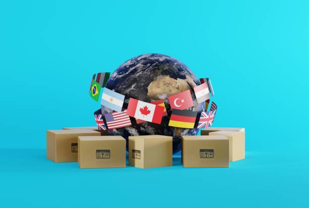 Planet Earth together with flags of different countries and courier parcels.