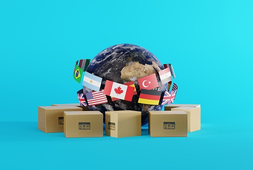 Logistics concept, worldwide package delivery, courier delivery. 3D render, 3D illustration.