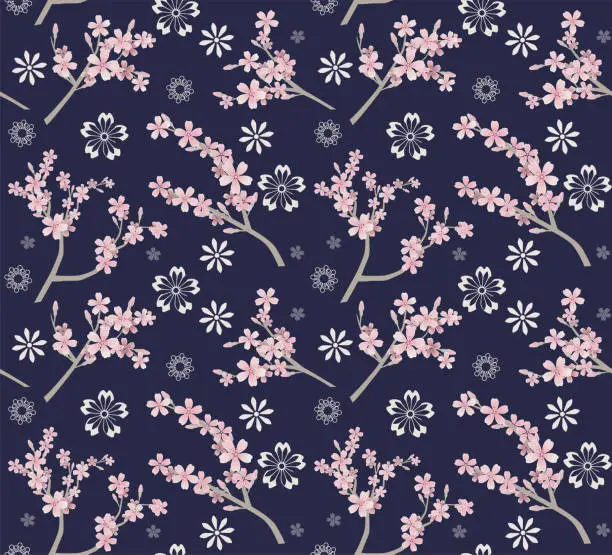 Vector illustration of Cherry blossom pattern, Japanese sakura flower textile design on navy blue background.