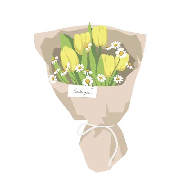 Vector illustration of Bouquet of spring flowers. Yellow tulips and daisies.