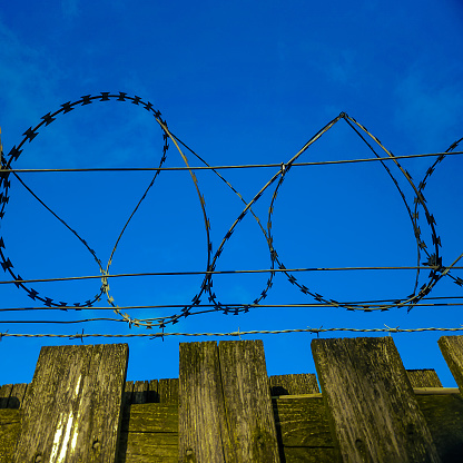 This razorwire is on top of a wooden fence , with a blue sky background. Sending a strong signal of low tech security.