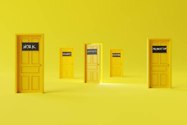 istock Many doors with different inscriptions like work, money, promotion and the open door of happiness. 1471629578