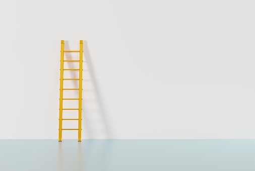 Ladder touching and leaning against the wall. 3D render, 3D illustration.