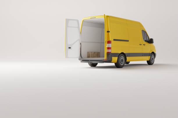 istock Commercial delivery yellow van with cardboard boxes on white background. 1471629835