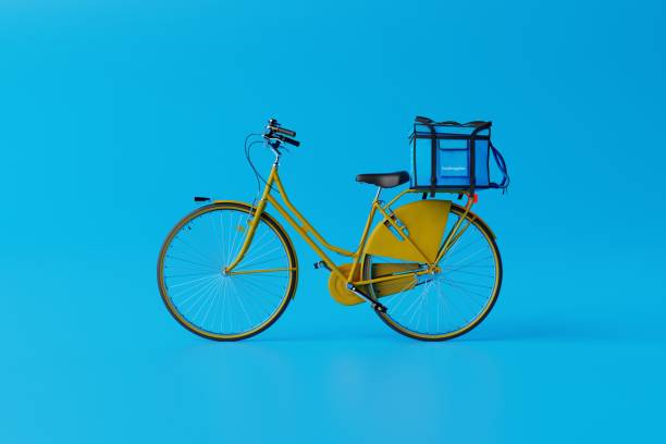 istock Yellow bicycle with a bag with food on a blue background. 1471630182