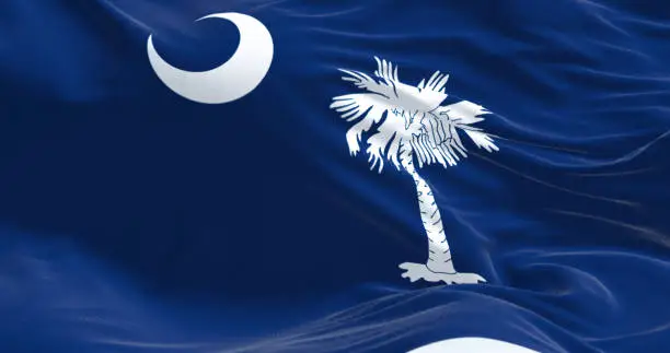 Detail of the South Carolina state flag waving. Blue field with white palmetto tree and crescent. US state. Rippled fabric. Textured background. 3d illustration render. Close-up