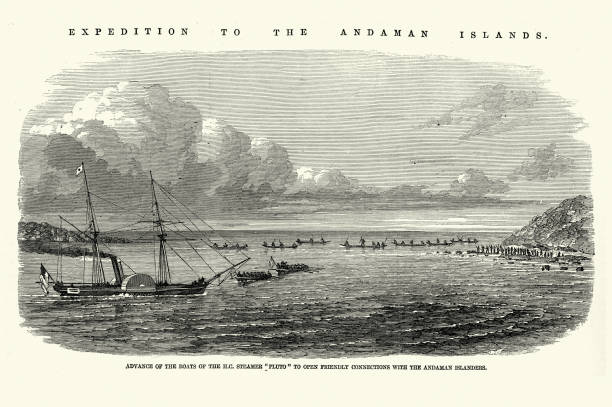 H.C. Steamer Pluto to open friendly connections with the Andaman Islanders, Expedition to the Andaman Islands, 1858, Victorian exploration 19th Century Vintage illustration H.C. Steamer Pluto to open friendly connections with the Andaman Islanders, Expedition to the Andaman Islands, 1858, Victorian exploration 19th Century andaman stock illustrations
