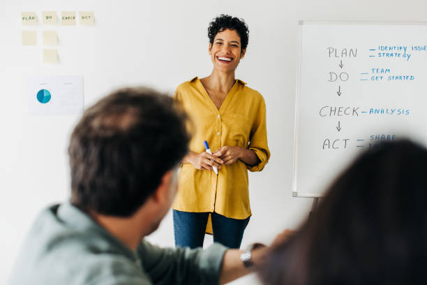 istock Business woman giving a presentation on the pdca process 1471632658