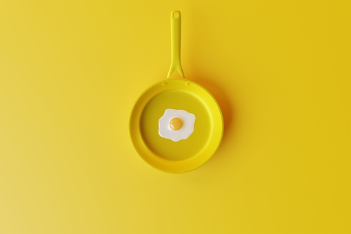 The concept of preparing a dish with egg, frying an egg in a pan. 3d render, 3d illustration