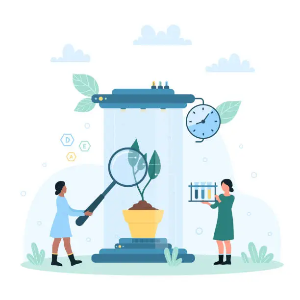 Vector illustration of Growing plants in science laboratory, tiny people holding magnifying glass and test tubes