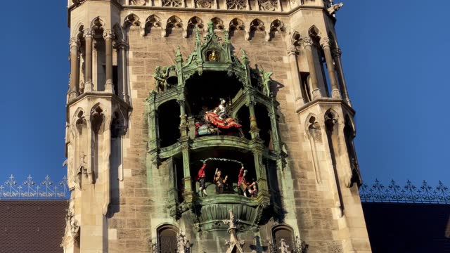 Close up on knight figures battle at clock tower in Marienplatz