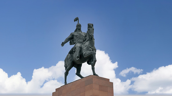 Bishkek, Kyrgyzstan - May 2022: Manas statue in central Bishkek. Manas is said to be the first khagan of the Kyrgyz Khaganate.