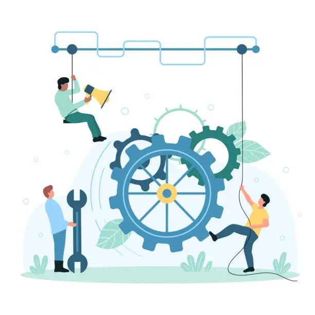 Vector illustration of Teamwork organization, automation technology, tiny people work with gears of mechanism