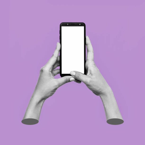 una mano sosteniendo un teléfono con una pantalla blanca en el medio. maqueta de smartphone. arte contemporáneo - double click fotos fotografías e imágenes de stock