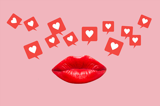 Kissing woman's red lips and like symbols from social networks isolated on pink color background. 3d trendy collage in magazine style. Contemporary art. Modern design