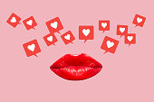A pink background with a red lips and a heart icon in the middle that says love