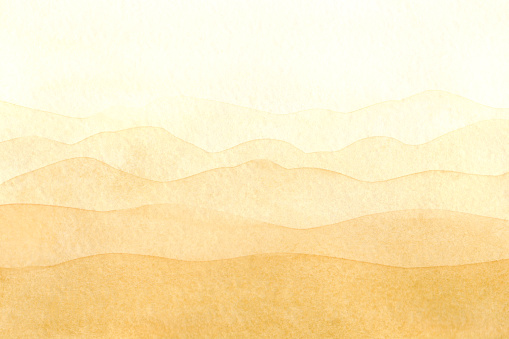 Light, warm, yellow-beige-brown, watercolor, textural, abstract background. Panoramic view of mountains, hills, sands. Drawn by hand. For decoration and design with place for text.