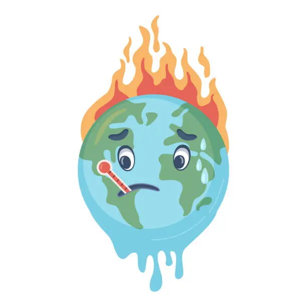 Vector illustration of Global warming and fires, earth pollution and environmental problems. Isolated globe with thermometer and flame on surface, fever. Vector in flat style