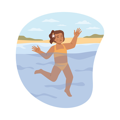 Child drowning in river, unwatched kid swimming in sea. Danger and risks of going under water. Hazard to life of girl. Flat cartoon, vector illustration