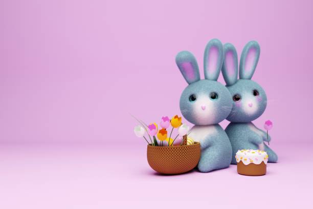 istock Easter cute Bunny with basket, eggs and flowers on light pink background. 3d rendering 1471639704