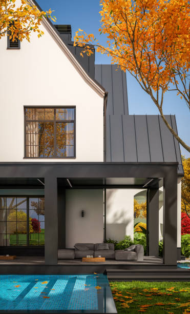 rendering 3d białego i czarnego nowoczesnego domu tudorów w jesienny dzień - falling vertical green grass zdjęcia i obrazy z banku zdjęć