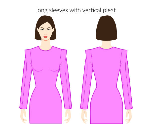 vertikale falte ärmel lange kleidung dame in magenta top, hemd, kleid technische mode illustration, taillierter körper. flache bekleidungsschablone vorne, rückseite. unisex-cad-modell für damen, herren - shirt women isolated camisole stock-grafiken, -clipart, -cartoons und -symbole