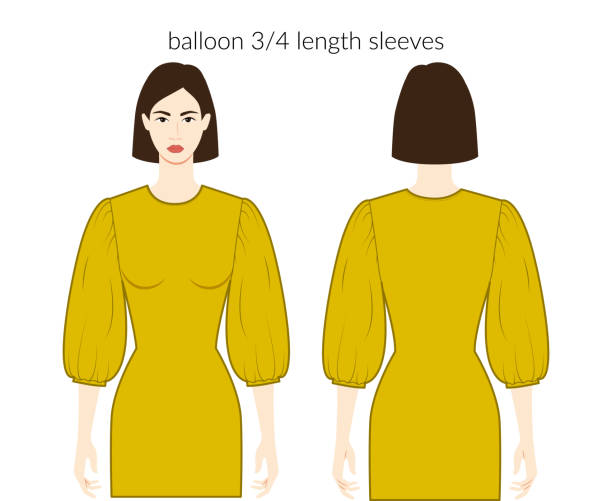 ilustraciones, imágenes clip art, dibujos animados e iconos de stock de mangas de globo melón ropa personaje hermosa dama en top ocre, camisa, vestido ilustración técnica de moda con 3-4 longitud de pulsera. plantilla de ropa plana en la parte delantera, en la parte posterior. maqueta cad para mujeres hombres - shirt women isolated camisole