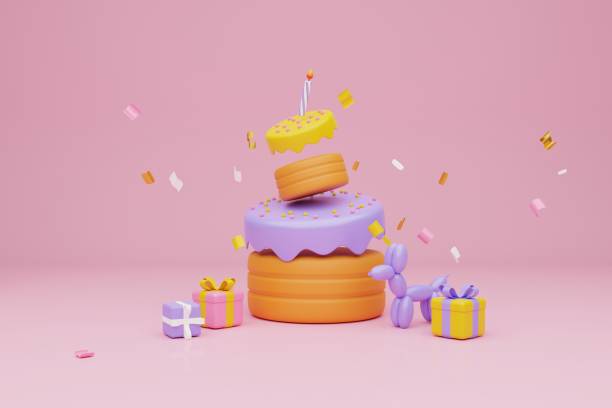 istock Festive background. Pastel pink and purple cake,  gift boxes on light pink background. 3D rendering 1471641001