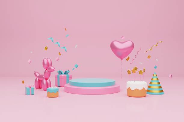 istock Festive background. Pastel pink and purple cake,  gift boxes on light pink background. 3D rendering 1471641003