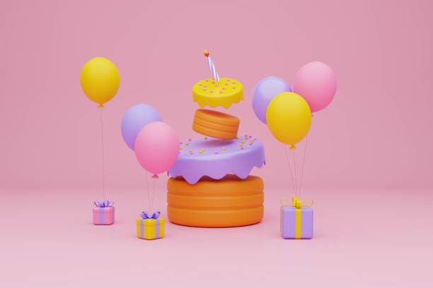 istock Festive background. Pastel pink and purple cake,  gift boxes on light pink background. 3D rendering 1471641014