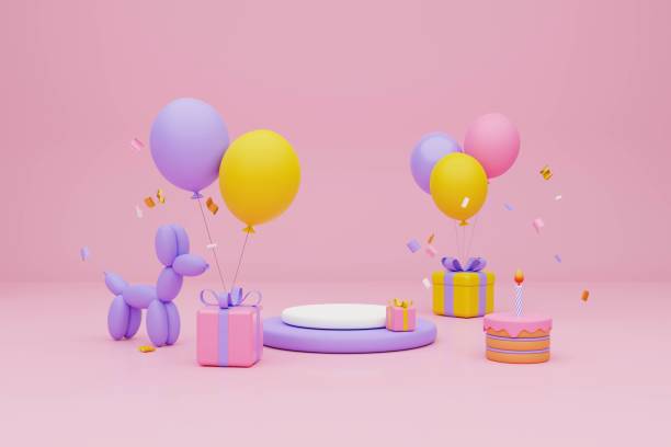 istock Festive background. Pastel pink and purple cake,  gift boxes on light pink background. 3D rendering 1471641021