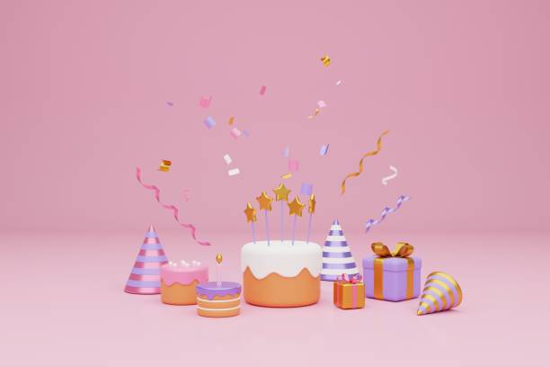 istock Festive background. Pastel pink and purple cake,  gift boxes on light pink background. 3D rendering 1471641068