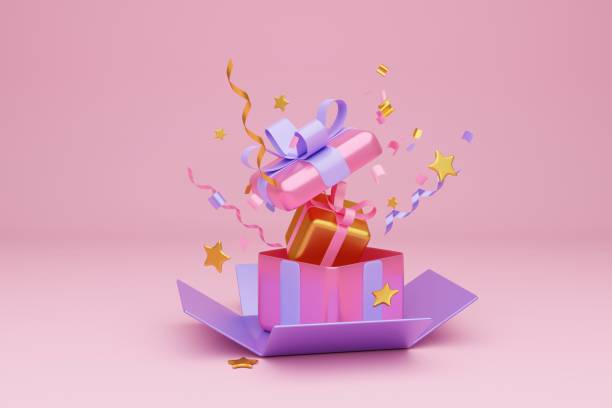 istock Festive background. Pastel pink and purple cake,  gift boxes on light pink background. 3D rendering 1471641078