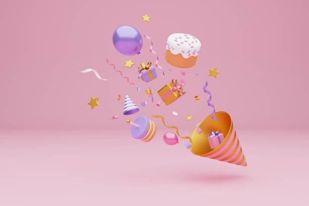 istock Festive background. Pastel pink and purple cake,  gift boxes on light pink background. 3D rendering 1471641082