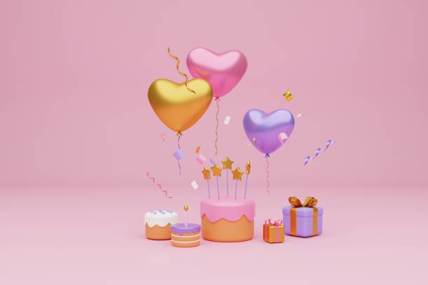 istock Festive background. Pastel pink and purple cake,  gift boxes on light pink background. 3D rendering 1471641090