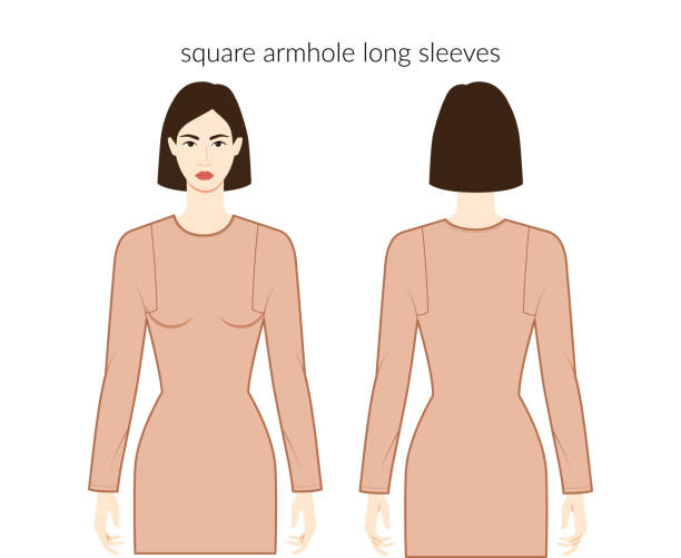Square armhole sleeves long length clothes character beautiful lady in nude top, shirt, dress technical fashion illustration, fitted. Flat apparel template front, back. Women, men unisex CAD mockup Square armhole sleeves long length clothes character beautiful lady in nude top, shirt, dress technical fashion illustration, fitted. Flat apparel template front, back. Women, men unisex CAD mockup wedding dress back stock illustrations