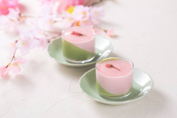 istock Mousse with two flavors, matcha and strawberry with cherry blossoms flavored jelly 1471641521
