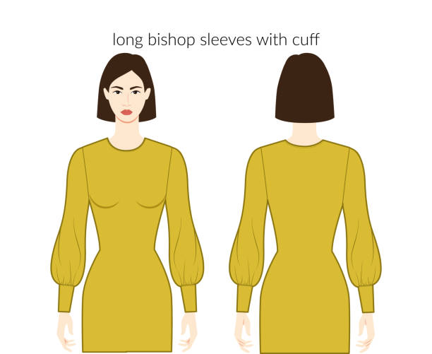 Bishop sleeves with cuff long length clothes character beautiful lady in ochre top, shirt, dress technical fashion illustration. Flat apparel template front, back sides. Women, men unisex CAD mockup Bishop sleeves with cuff long length clothes character beautiful lady in ochre top, shirt, dress technical fashion illustration. Flat apparel template front, back sides. Women, men unisex CAD mockup wedding dress back stock illustrations