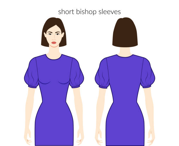 Bishop sleeves short length clothes character beautiful lady in blue top, shirt, dress technical fashion illustration, fitted. Flat apparel template front, back sides. Women, men unisex CAD mockup Bishop sleeves short length clothes character beautiful lady in blue top, shirt, dress technical fashion illustration, fitted. Flat apparel template front, back sides. Women, men unisex CAD mockup wedding dress back stock illustrations