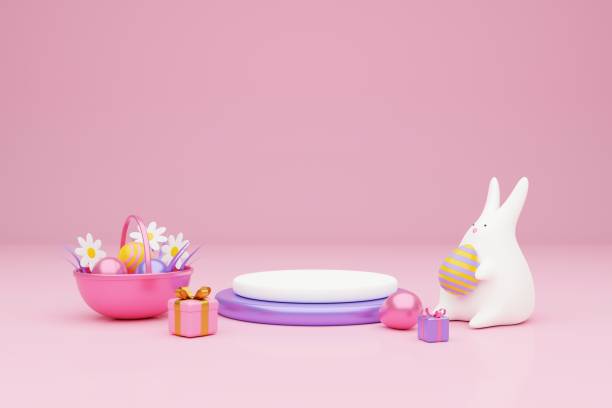 istock Gift box with easter bunny and colorful easter eggs on pink backgound, happy Easter holiday concept. 3d rendering. 1471644072
