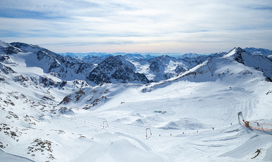 Stubai Glacier Alps mountain snowy range with skiing trails