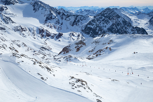 Stubai Glacier Alps mountain snowy range with skiing trails