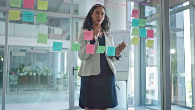 Thinking, brainstorming and woman with ideas at startup with sticky note and writing on glass wall. Strategy, planning and analytics, corporate employee in office with idea for new project at agency.