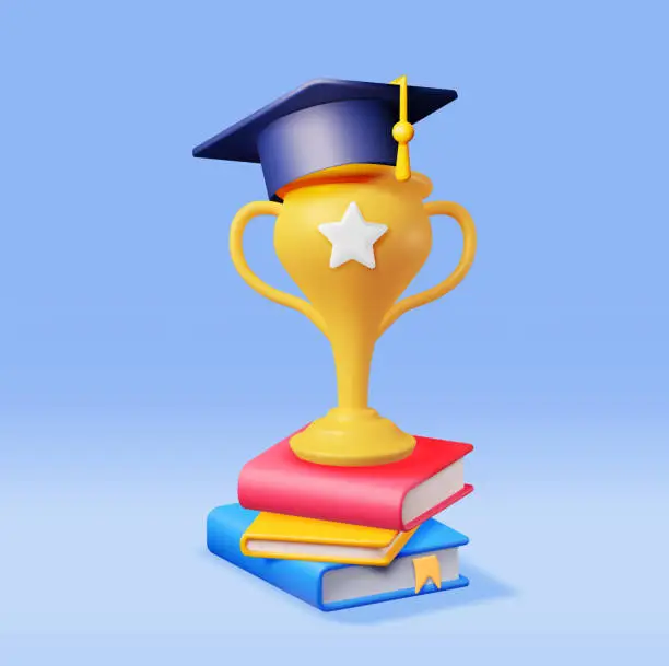 Vector illustration of 3D Gold Trophy, Books Stack and Graduation Cap