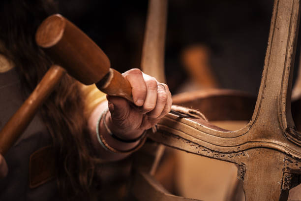 woman at work, tapestry, crafts, workshop woman at work, crafts, upholstery, upholsterer, renovation, training, craft, artisan, apprenticeship, cabinetmaking, carpentry, seating, luxury craft stock pictures, royalty-free photos & images