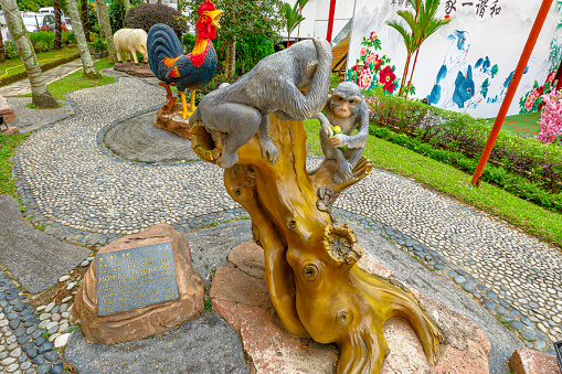 Kuala Lumpur, Malaysia - 2023: monkey zodiac sculpture to commemorate the Chinese New Year, the year of water rabbit in Chinese zodiac. In Thean Hou Temple, dedicated to the Mazu Chinese goddess.
